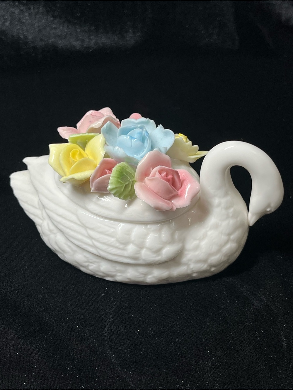 Vintage White Porcelain Swan Trinket Box with 3D Pastel Floral Lid